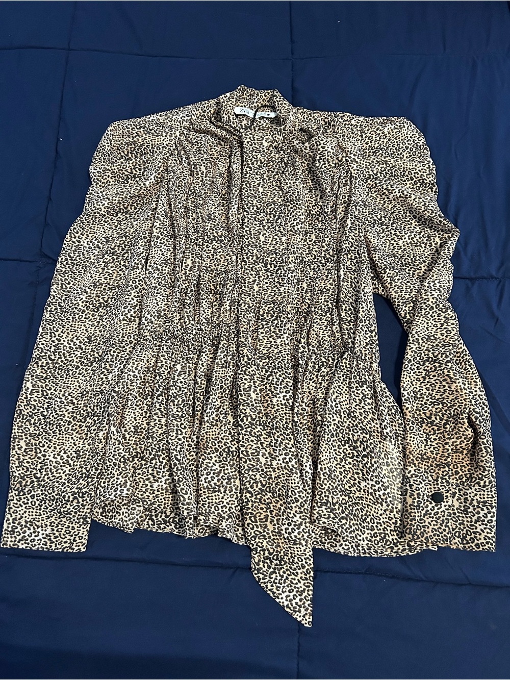 Zara Leopard Print Tie-Neck Blouse in Tan and Black